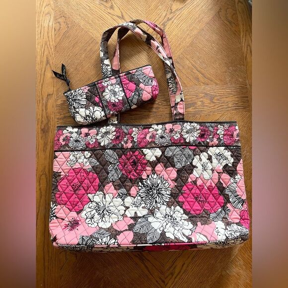 Vera Bradley Tote Bag with Pencil Pouch Case Floral Pink Brown - Picture 1 of 10